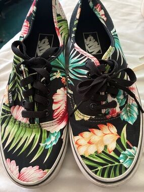 Vans Black Canvas Sneakers with Green and Pink Tropical Print